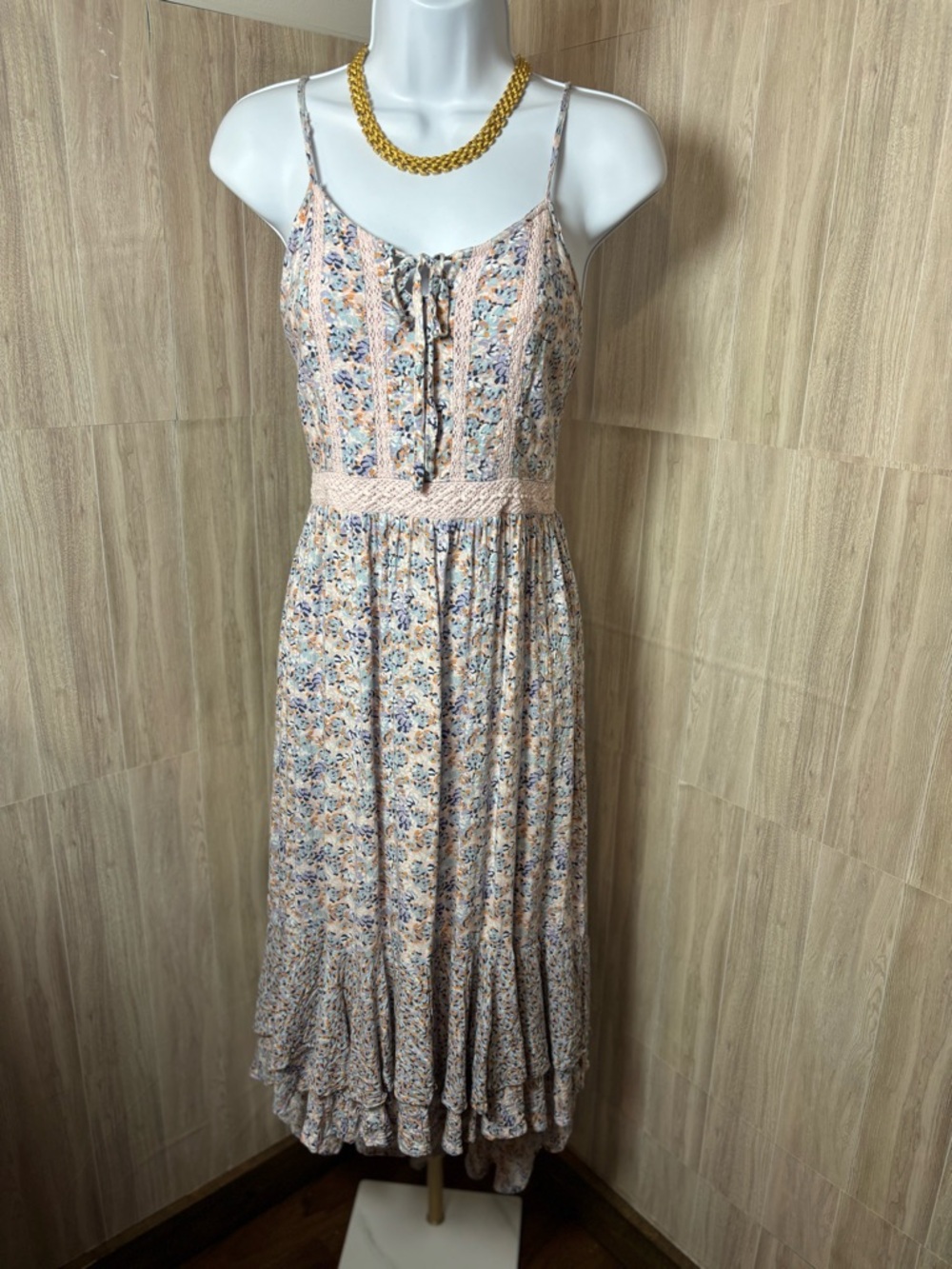 Japna Boho Floral Midi Dress with Crochet Lace Detail Cottagecore Summer Style - Picture 3 of 8